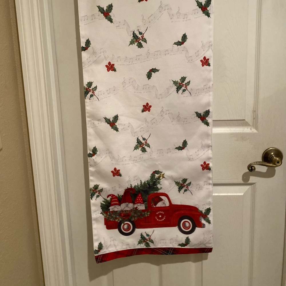 Christmas Gnomes Driving A Red Truck & Christmas Holly Table Runner, 16” x 80”